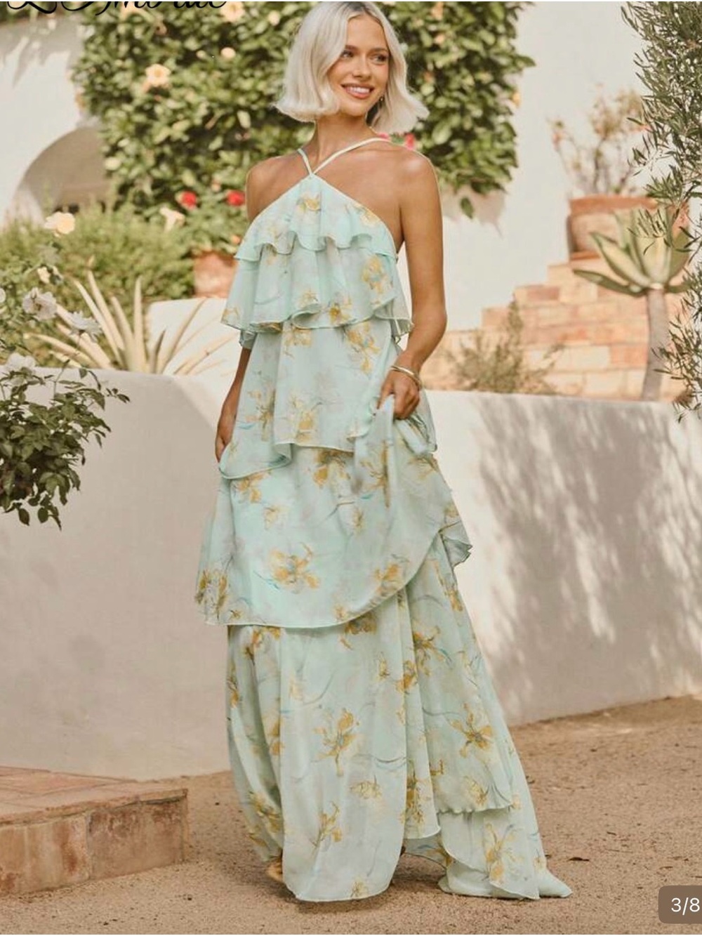 Women's Mint Green One-Shoulder Ruffle Maxi Dress with Floral Print